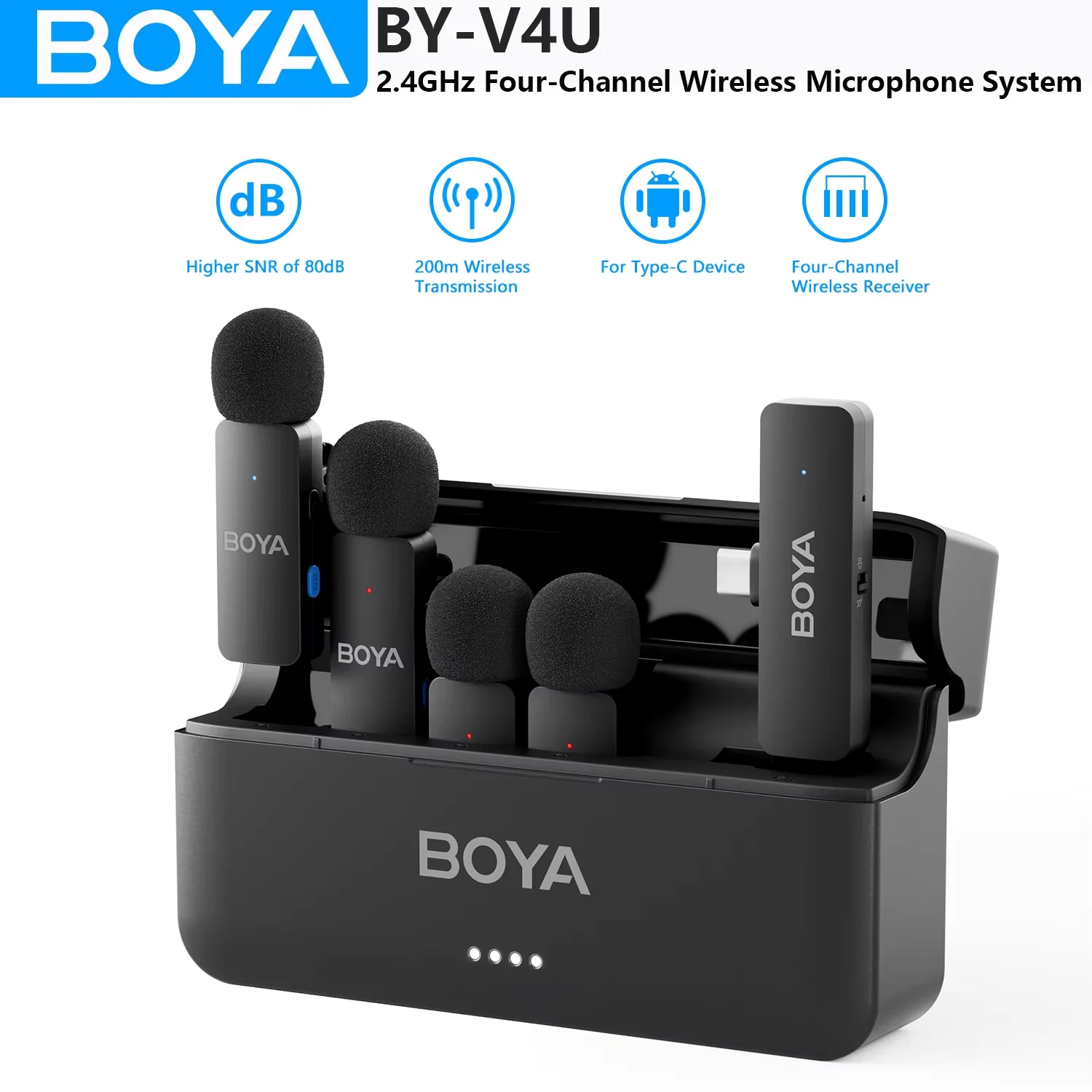 BOYA BY-V4 Four-channel Wireless Lavalier Microphone for iPhone 15 Series Type C Smartphone Lapel Mic for Youtube Recording Vlog