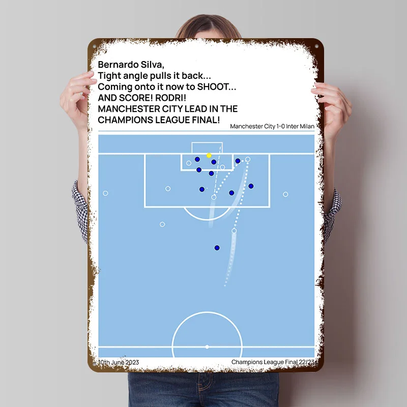 Póster impreso de Rodri Goal Vs Inter Milan, arte de pared personalizado, carteles de hojalata de Metal Retro Vintage para decoración de hogar y oficina, juegos