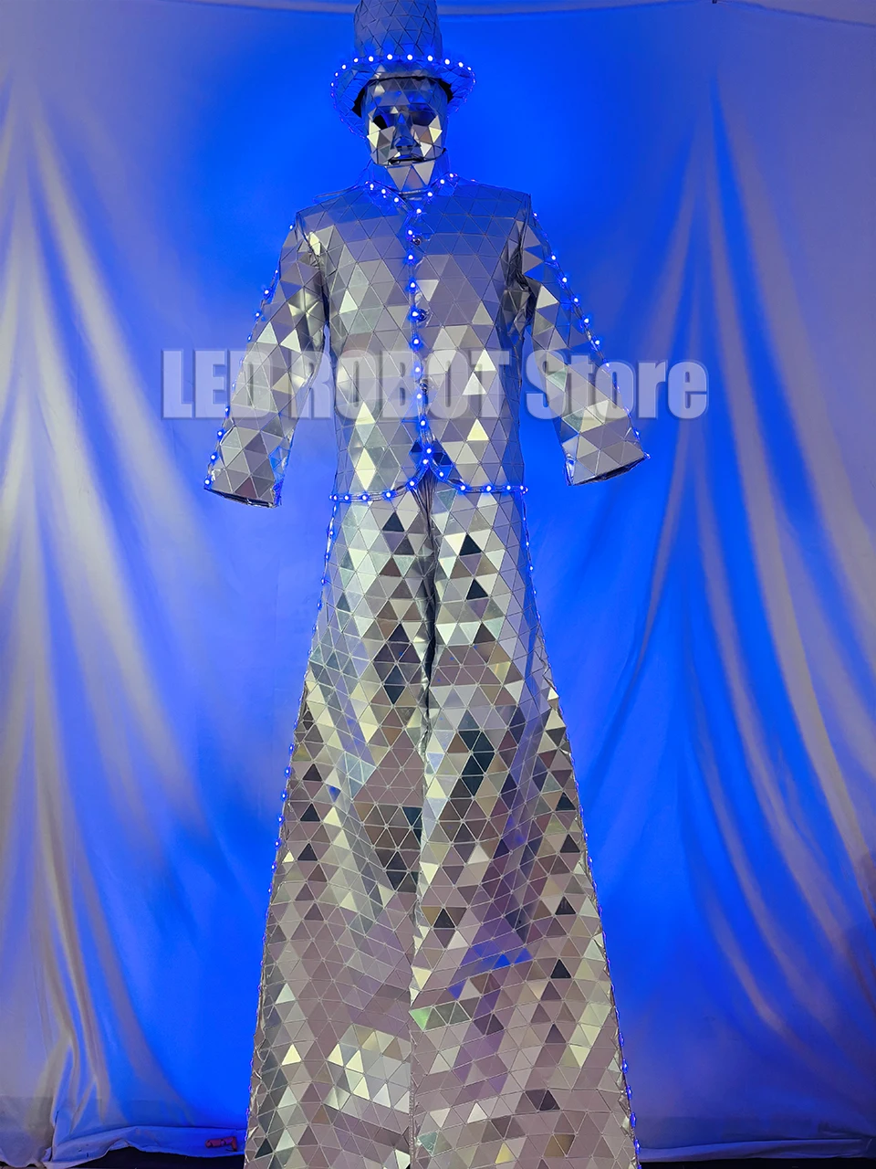 LED Lighted Strip Silver Mirror Set Stilts Style Mask Men's Set Lights Remote Controlled Stage Performance Costume