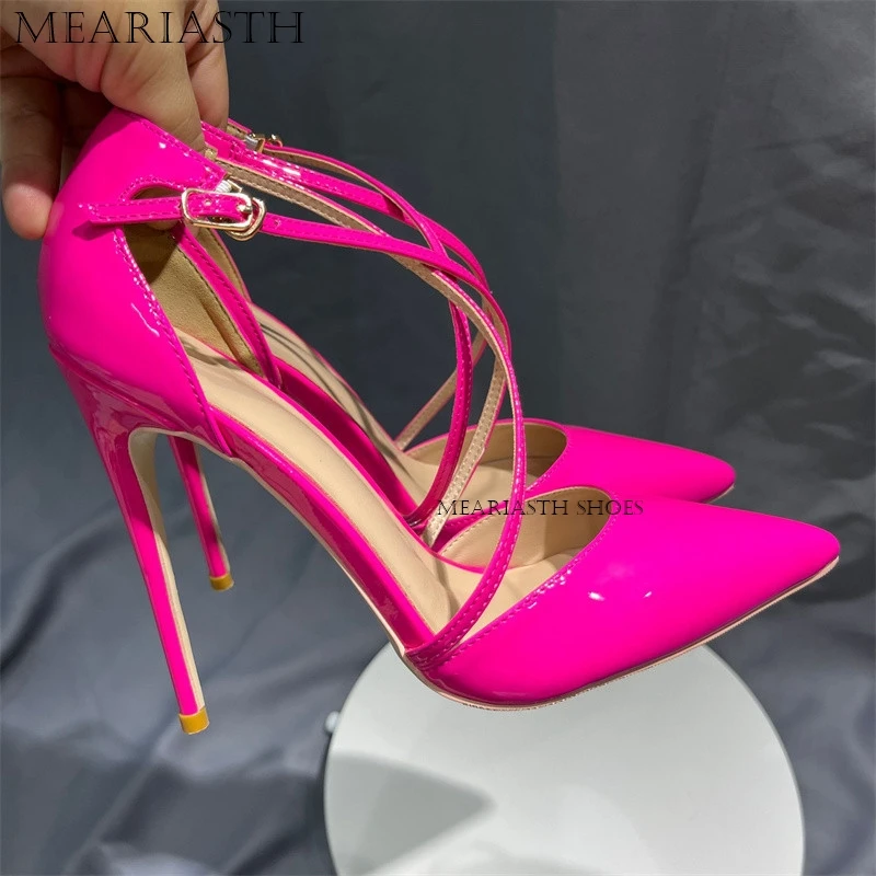 Pink red Crossing zone high heels 2022 new arrival summer women stiletto solid toe pointed ankle buckle fashion dress celebrity