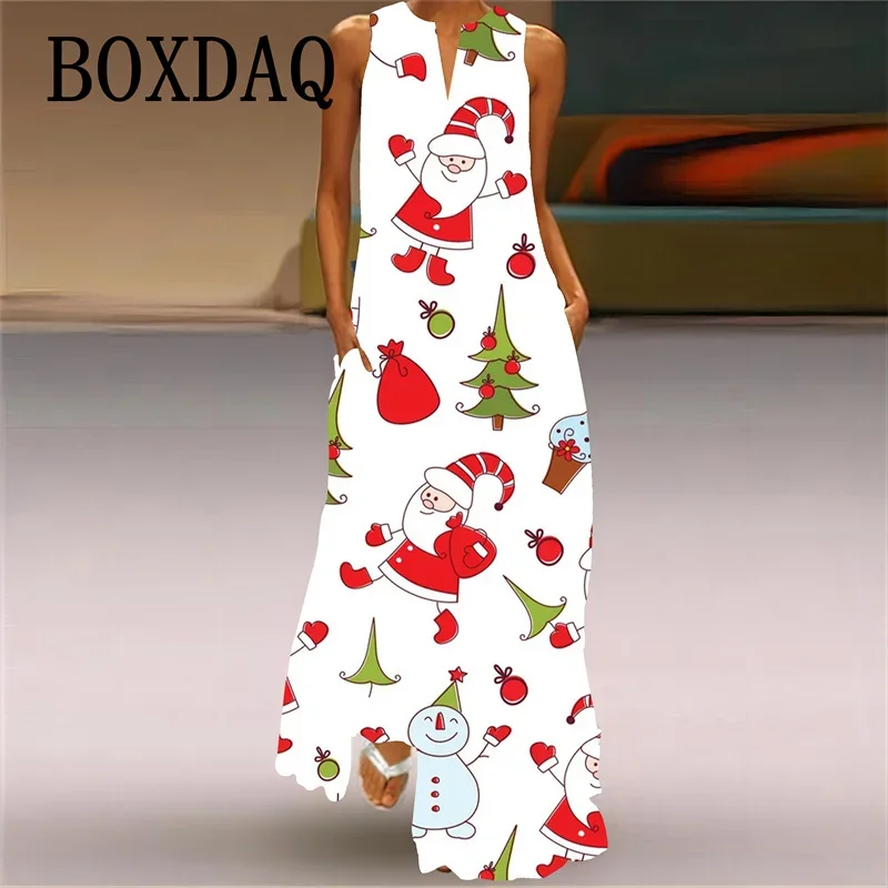 Green Cartoon Christmas Print Long Dress 2024 New Year Party V-Neck Sleeveless Large Size Ladies Maxi Dress Women Casual Dresses