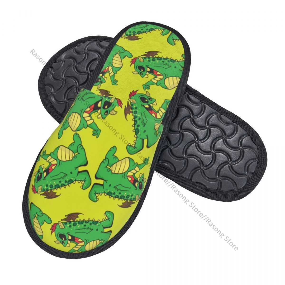 Winter Women Men Non-Slip Flat Slippers Monster Dragon Pattern Indoor Fur Soft Warm Shoes