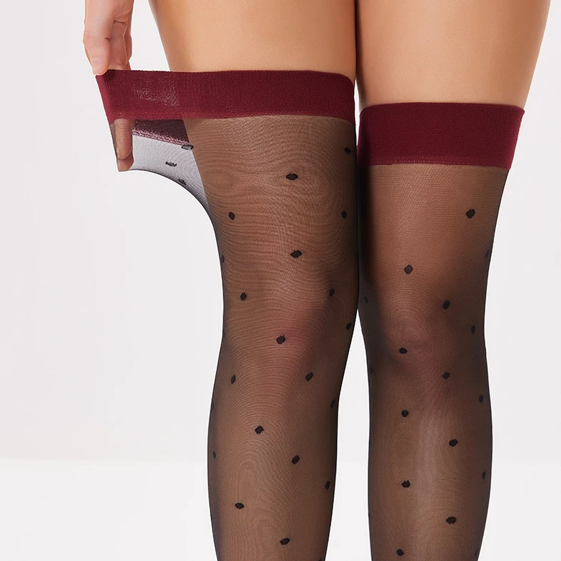 Medias de lunares con borde rojo para mujer, disfraces JK, calcetines largos, pierna de moda, Sexy, transparente, negro, medias sedosas, Verano