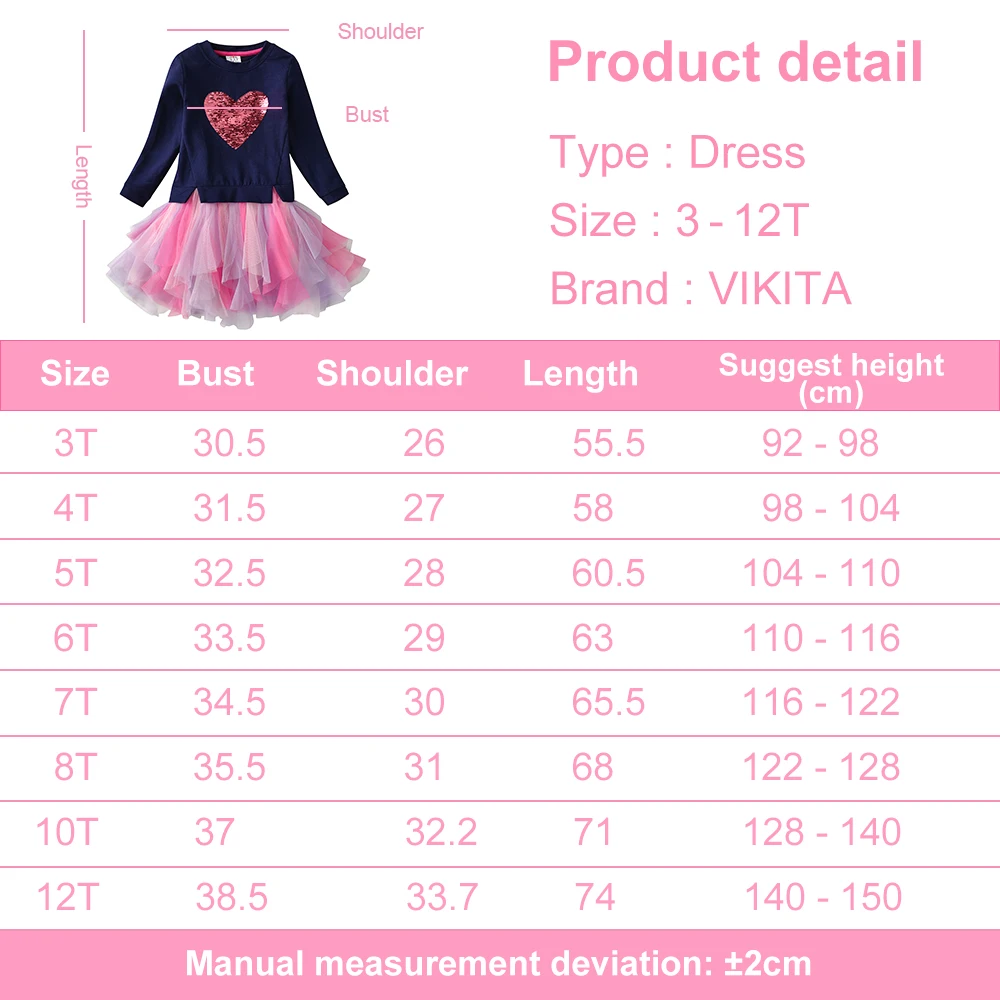 VIKITA Mädchen Hoodies Kleid Kinder Herzform Flipable Pailletten Applizierte Patchwork Kleid Mädchen Tüll Mesh Layered Tutu Kleider – Detail 1