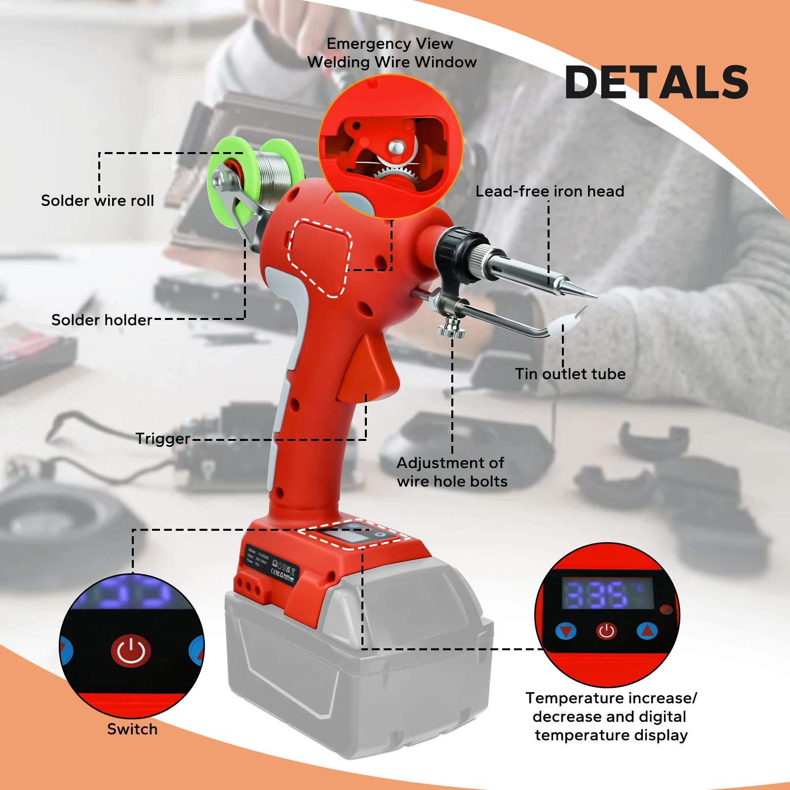 Kit para Milwaukee para ferro de solda sem fio, bateria Li-ion de 18 a 20V, display digital, pistola de solda elétrica de 75W