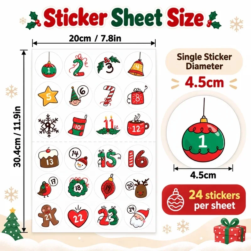 Vintage Christmas Round Stickers 96pcs Advent Calendar Number Stickers For Gift Box Decoration Diy Scrapbooking Craft Supplies
