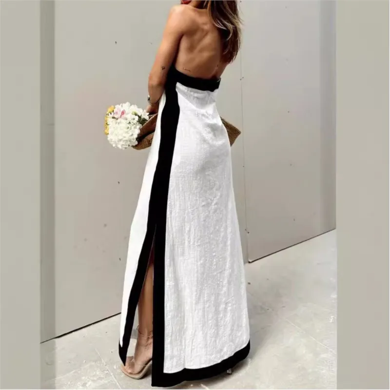 Boho Summer Sexy Women\'s Dress New Style Cotton Linen Backless Halterneck Slit Vintage Prom Dresses For Women Maxi Robe Femme