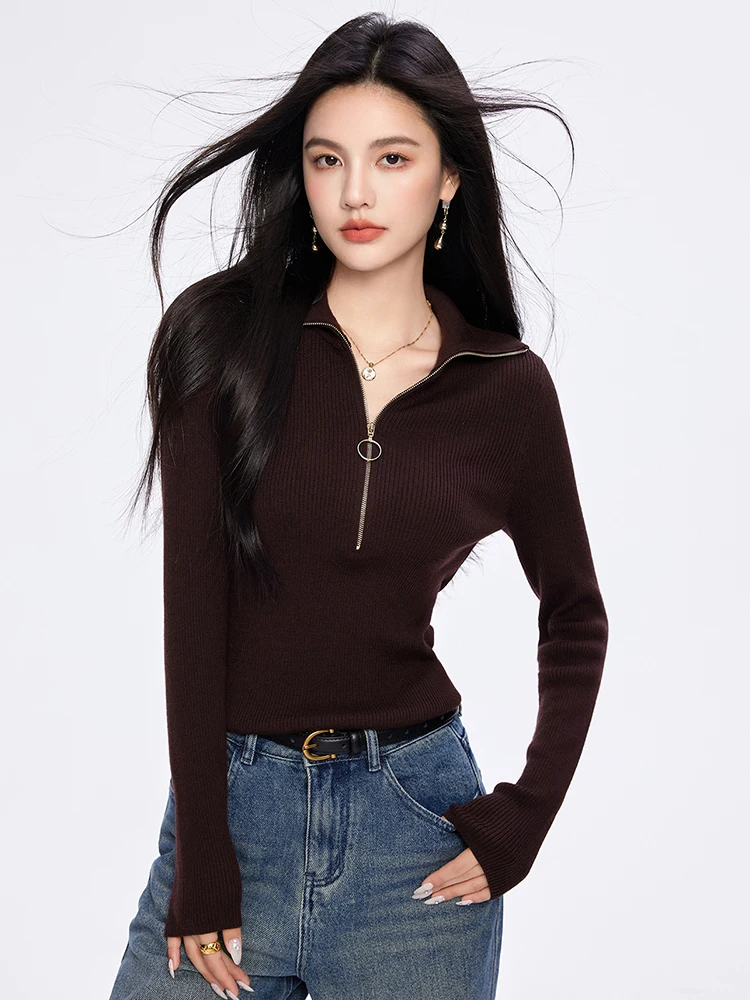 Women Solid Color Knitted Tops Chic Zipper Lapel Long Sleeves Sweater Autumn New Fashion Slim Fit Retro Tops