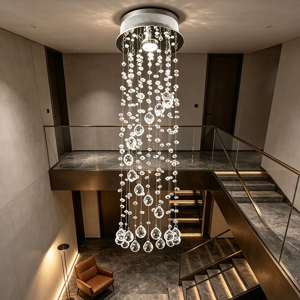 

Modern Crystal Ceiling Chandelier Long Hanging Waterdrop Crystal Pendant Light for High Ceiling Staircase Villa Entrance Lobby