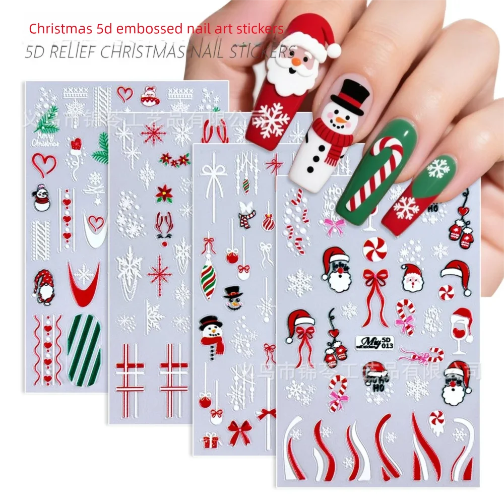 4 stks 5D Relief Kerst Nagelstickers Cartoon Snoep Hart Elanden Sneeuwpop Nagelsticker voor Feestelijke DIY Decal Nail Art Decoraties