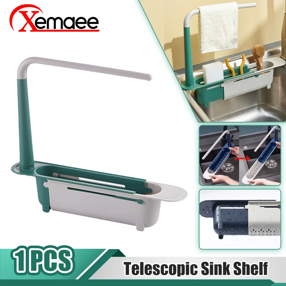 Telescopic Sink Shelf Kitchen Sink Rag Towel Drain Rack Soap Sponge Rack Adjustable Drain Storage Basket Kitchen Accessories