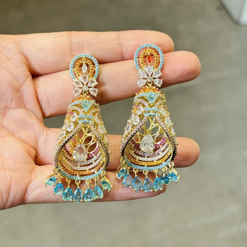 

Bilincolor Luxury Fashion Light Yellow Gold Color Blue Tassel Earring for Women