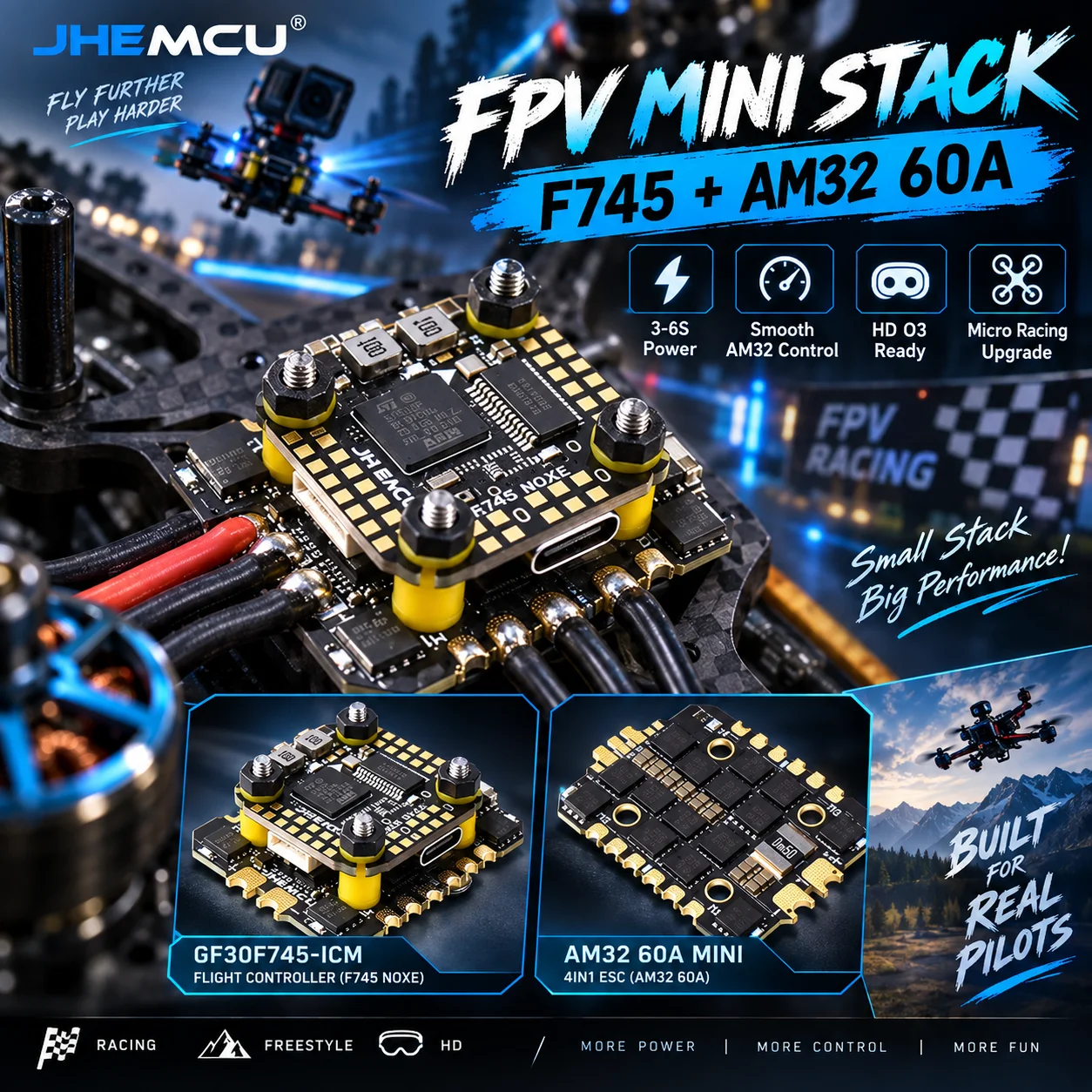 JHEMCU F745 Flight Controller 60A AM32 4in1 ESC Stack/Flytower with ICM42688P 3-6S for FPV Freestyle Racing Drone Quadcopter