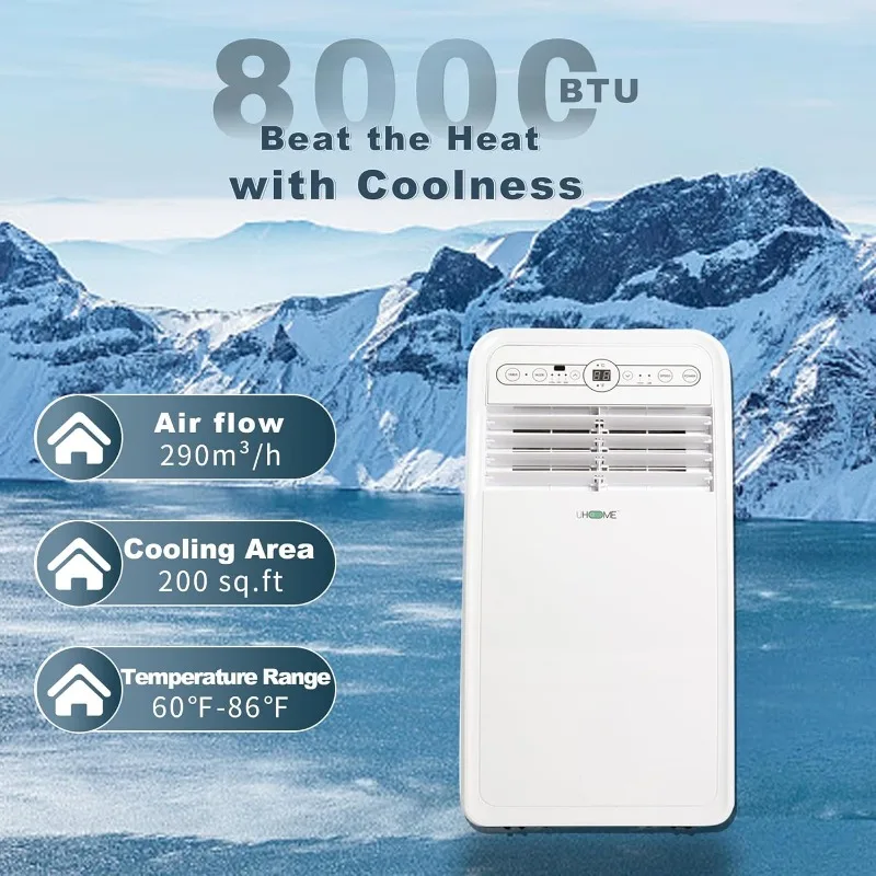 8000 BTU Portable Air Conditioner, with Cooling, Dehumidifier, Fan, White, 24H Timer