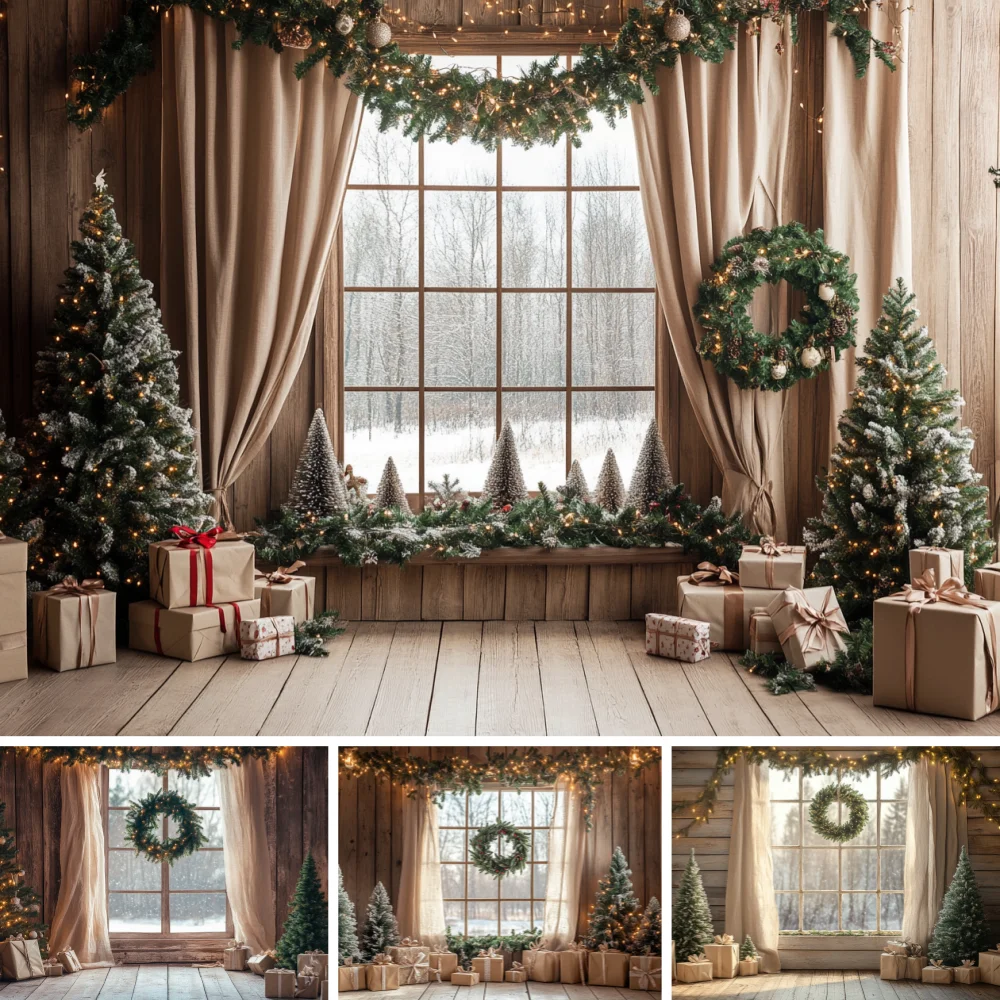 Farmhouse Wood Window Christmas Backdrop Snow Pine Garland Gift Curtain Indoor Studio Cloth Baby Family Holiday Shoot Background