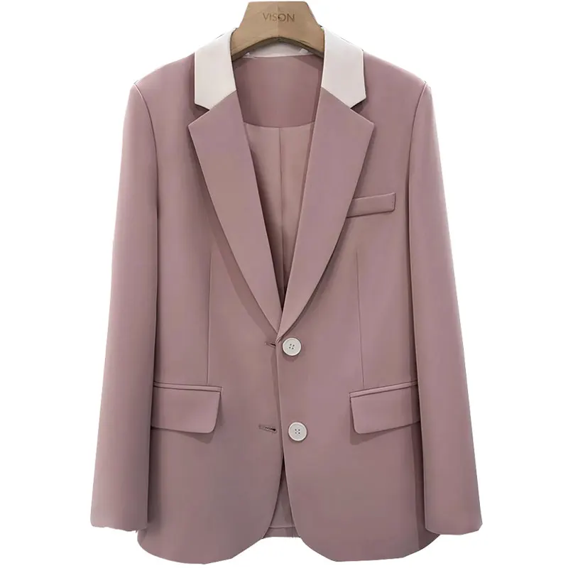 Elegant Women's Pink Patchwork Blazers Chic Color Block Single Breasted Ladies Suit Jackets 2024 New Spring Autumn Woman Clothes