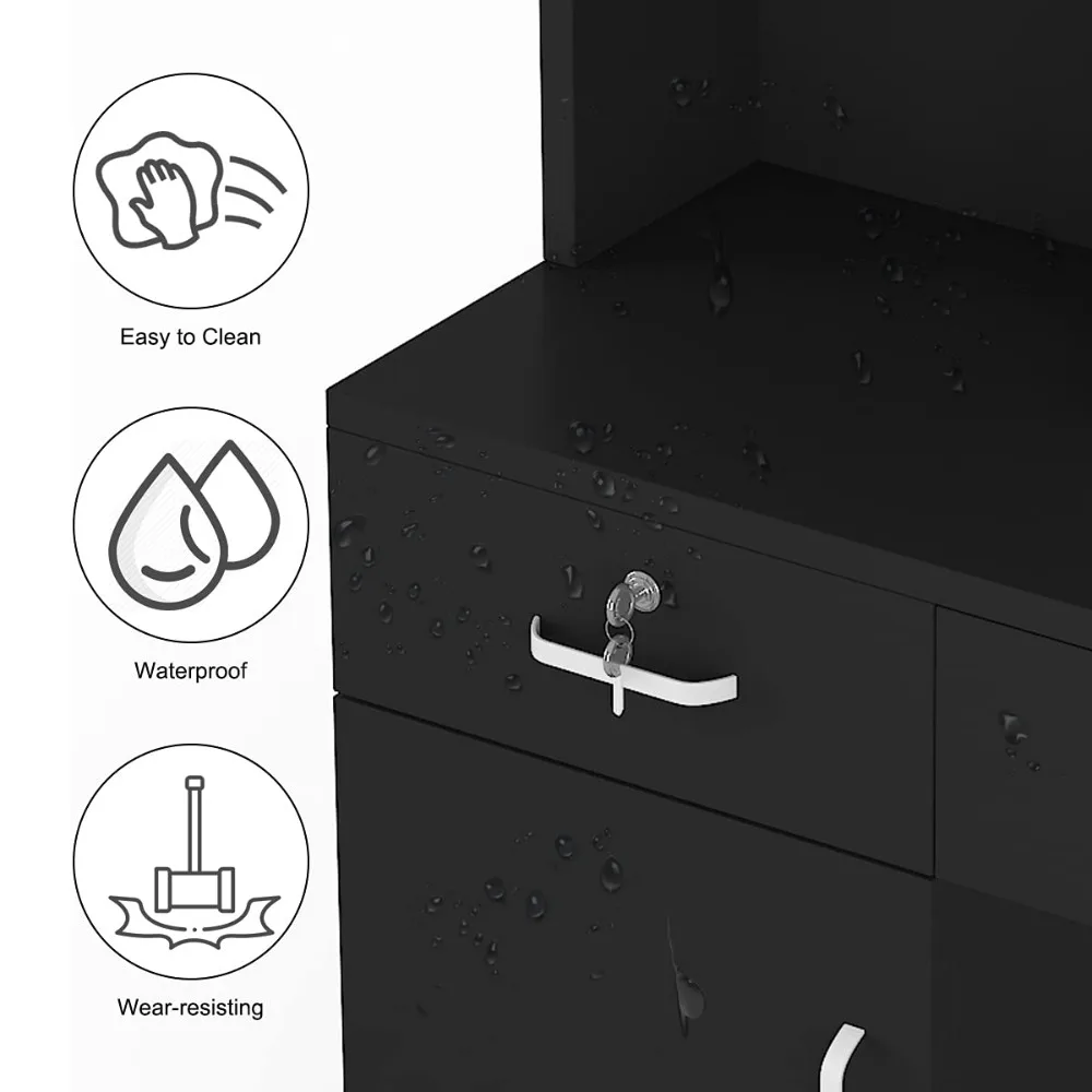 مجموعة معدات صالون الشعر المثبتة على الحائط، مجموعة أثاث سبا التجميل، رف يسار قابل للقفل، مرآة غير متضمنة (أسود) #4