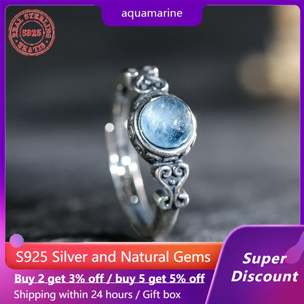 

Vintage S925 Silver Ring Natural Mineral Crystal Aquamarine Gemstone Women's Ring Exquisite Jewelry Couple Ring Party Accessorie