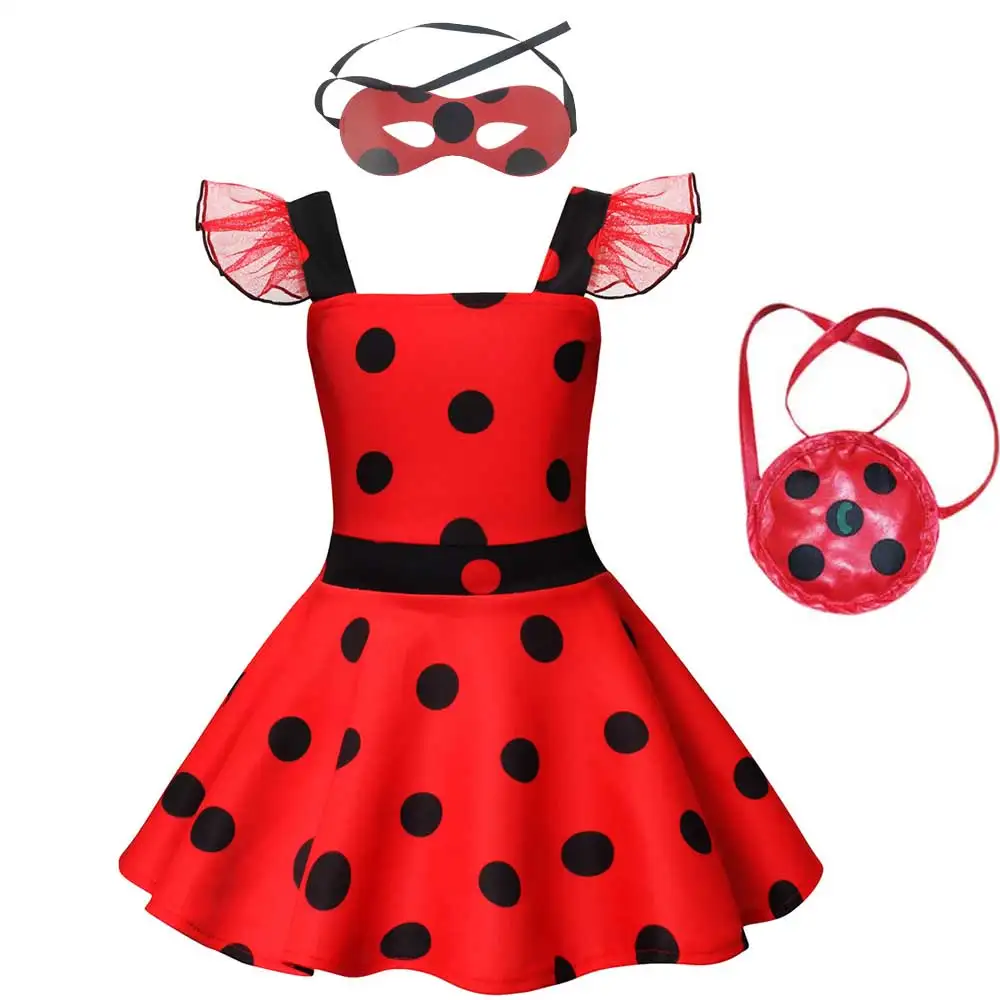 Girls Polka Dots Ladybugs Dress Up Cosplay Costume Birthday Gift Halloween Christmas Fancy Party Outfit