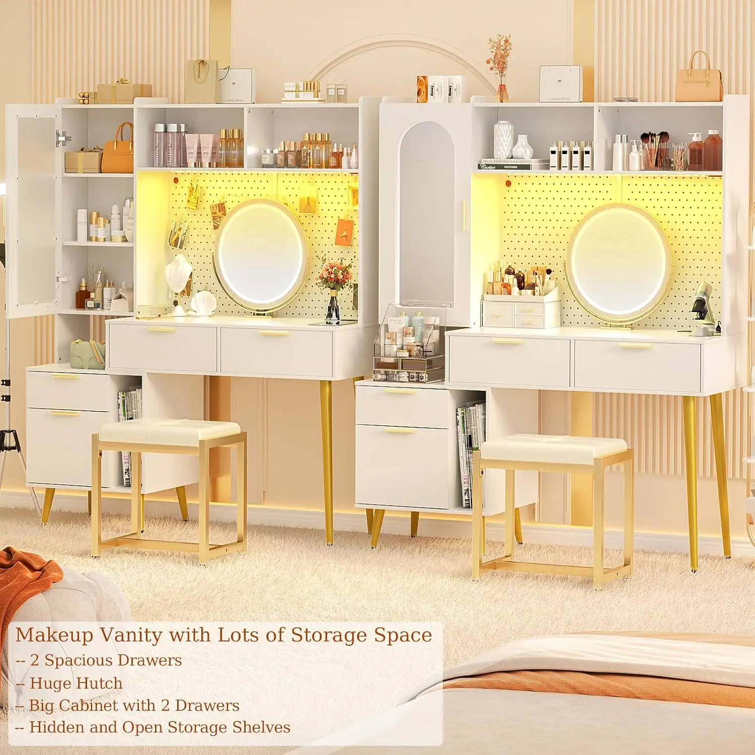 Bedroom Makeup Vanity in White with Wood and Metal, 48'' Size, Charging Station, LED, Pegboard, 5 Big Drawers, Shelves, Cabinet