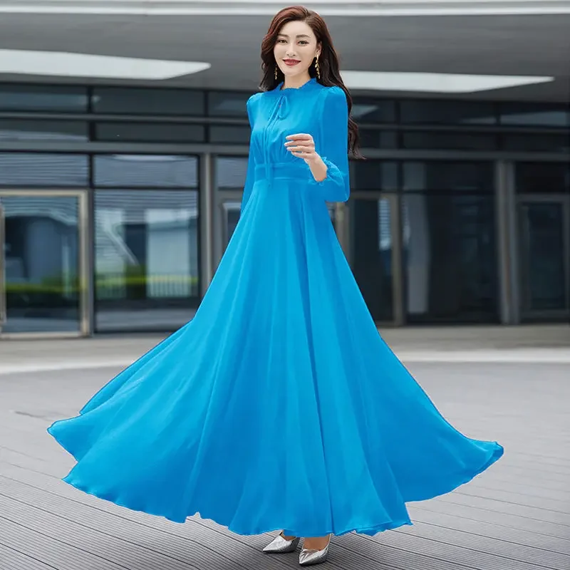 Elegant Casual O-neck Long Sleeve White Slender Dresses Spring Fashion Belt Empire Chiffon Solid Color Women's Clothing L132