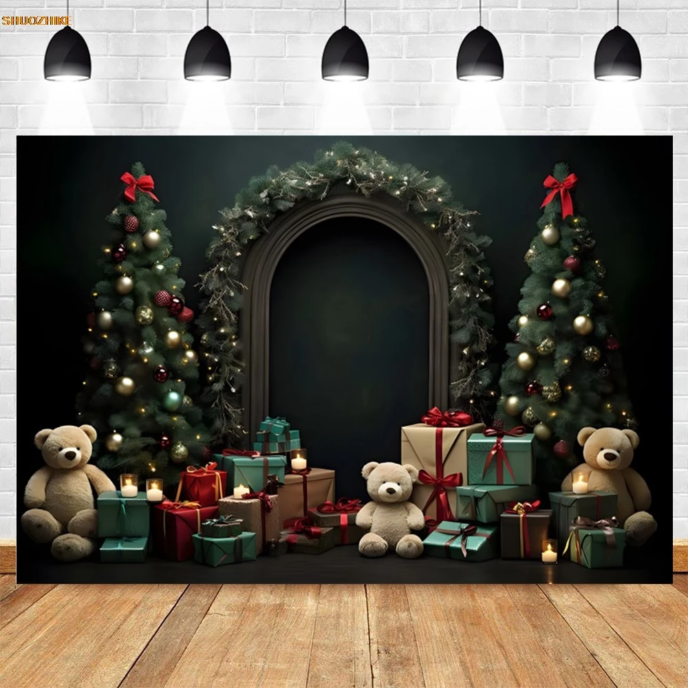 Kerstboom Foto Achtergrond Open haard Krans Houten Deur Cadeau Sneeuwvlok Fotografie Achtergrond Familievakantie Feest Fotostudio