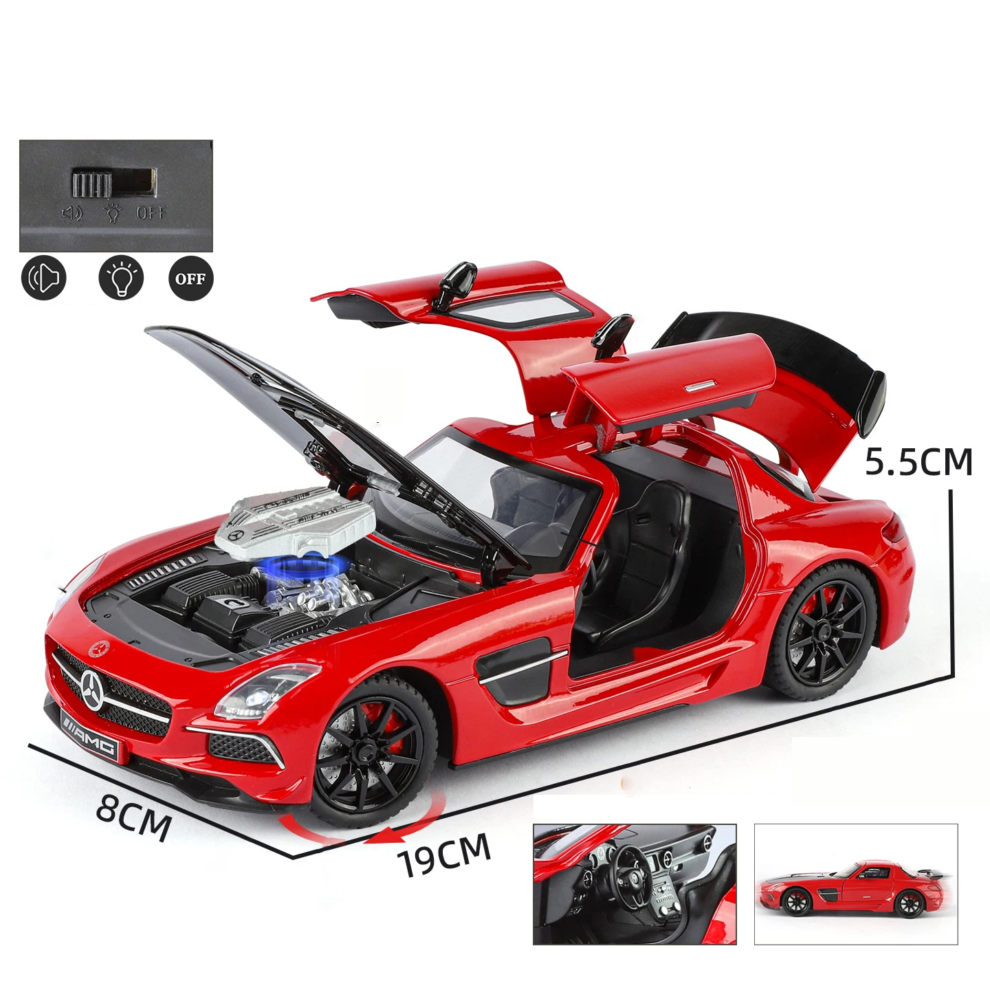 Novo 1:24 benz sls amg transparente capô do motor liga modelo de carro som e luz brinquedo das crianças colecionáveis presente aniversário