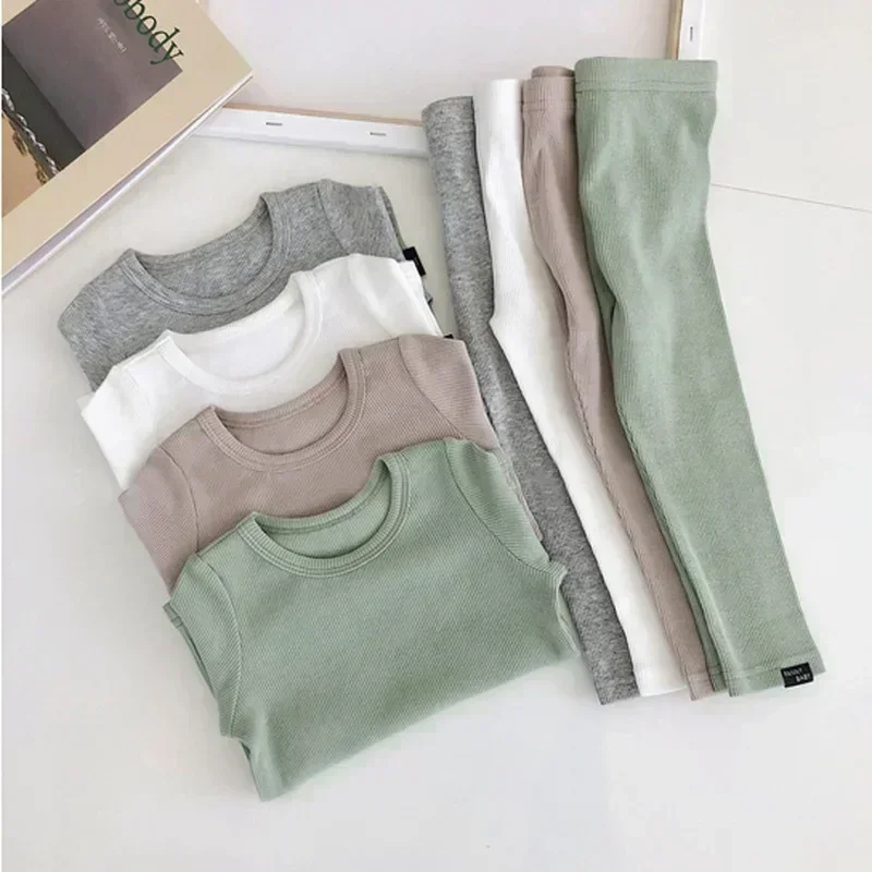 1-7Y Toddler Kids Baby Boy Girl Ribbed Clothes Cotton Pajamas Set Long Sleeve Top Pant Suit Sleepwear Soft Infant 2Pcs Outfits