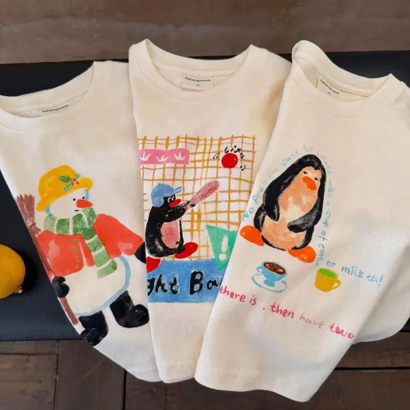 

2026 Summer New Children T Shirts Fashion Cartoon Print Boys Girls Casual Tops Toddler Short Sleeve Cotton Tee Kids Clothes