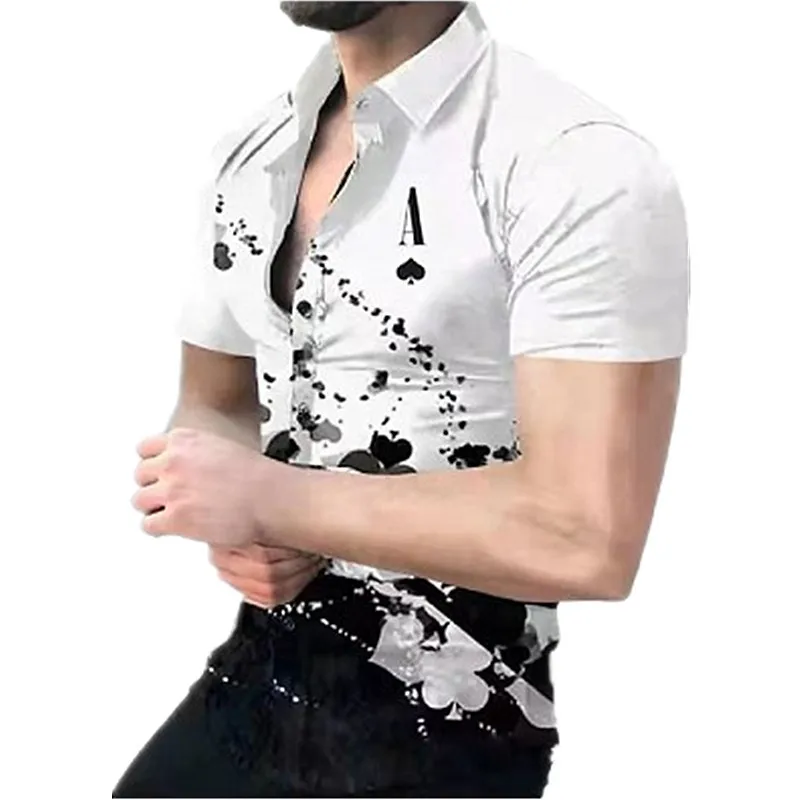 American Retro Spade Poker 3D Print Short-Sleeve Shirt Men's Summer Black and White Creative Versatile Top Beach Shirt