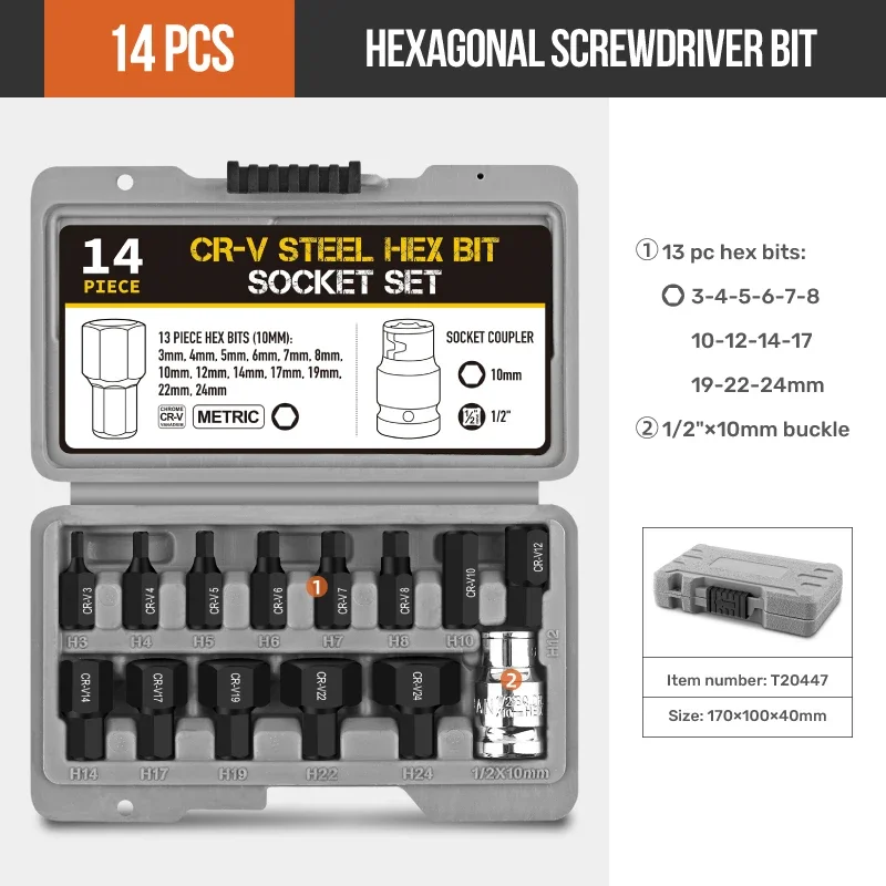

14 pieces of hexagonal socket batch head setImpact Adapter Set Drive CrV Steel w/Ratchet Step-Up/Down Sleeve for Electric Wrench