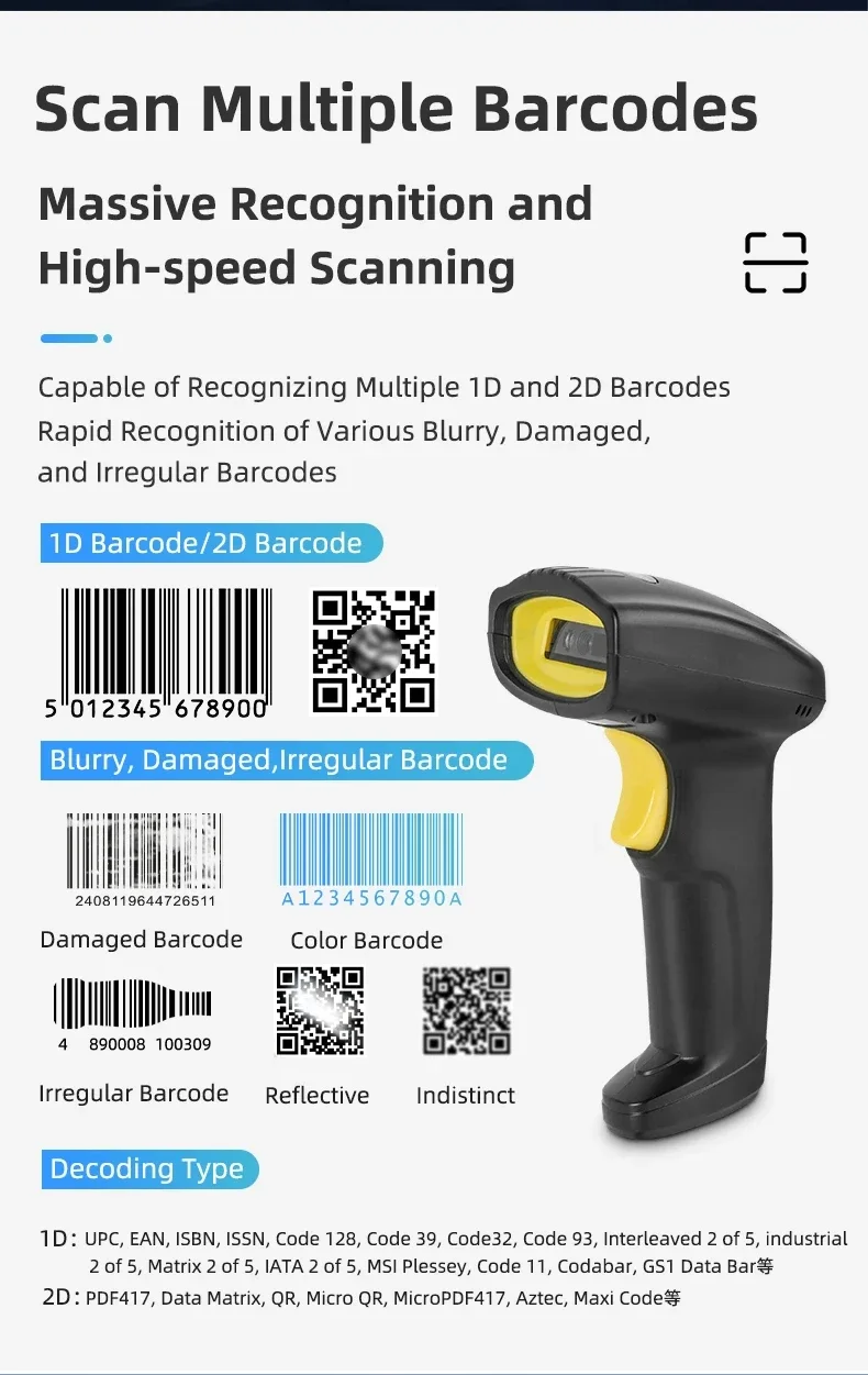 

Ручной сканер штрих-кода 1D 2D Считыватель QR-кода Беспроводной USB Bluetooth 2,4G PDF417 DM-код 3 в 1 1,5 м Защита от падения Портативный