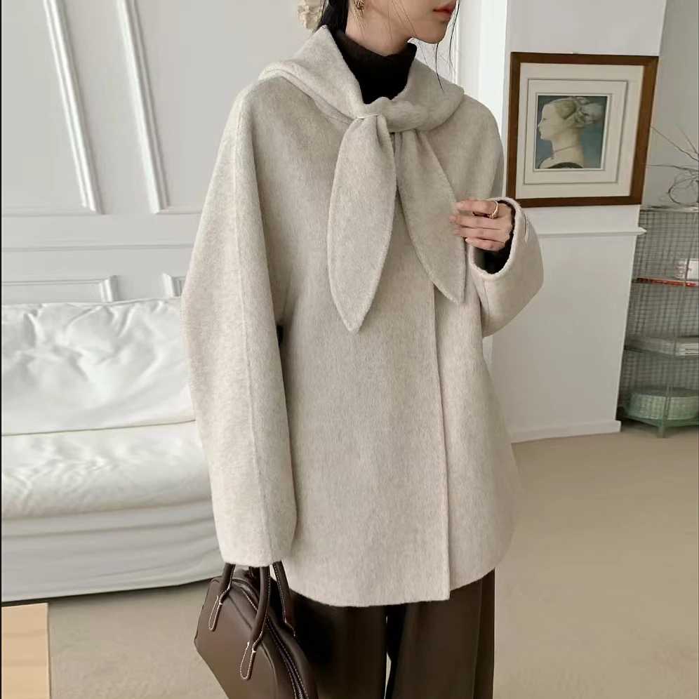 

Chic Winter Soft Sweet Sle Bow Tie Lapel Wide Matching Long Sve Hooded Woolen Coat for Women Casual Commute Loose Fit