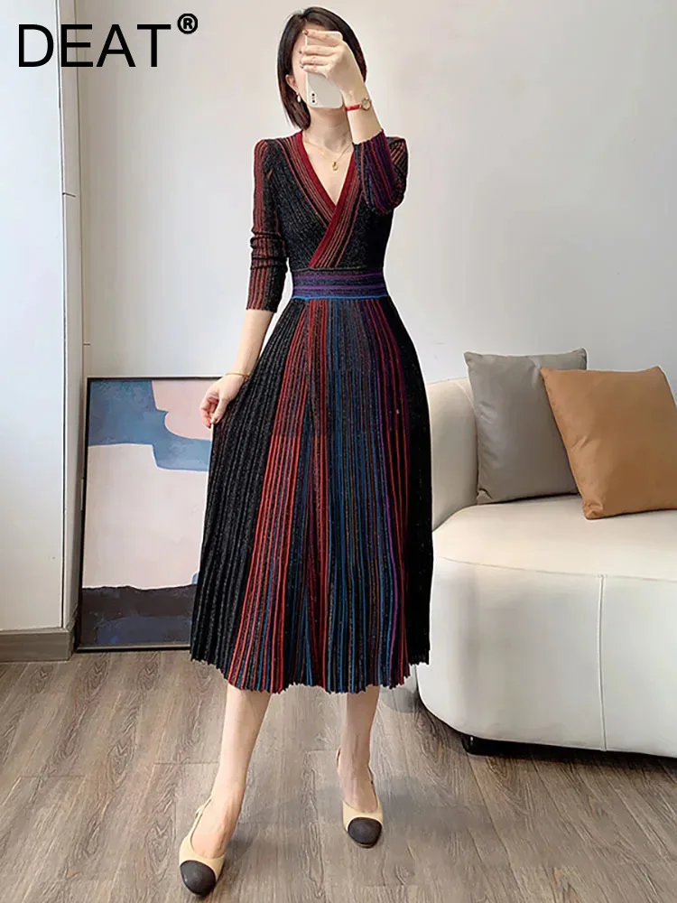 

DEAT Elegant Dress V-neck Long Sleeve Medium Strech High Waist Pleated Rainbow Women's Dresses 2024 Autumn New Fashion 13DB3641