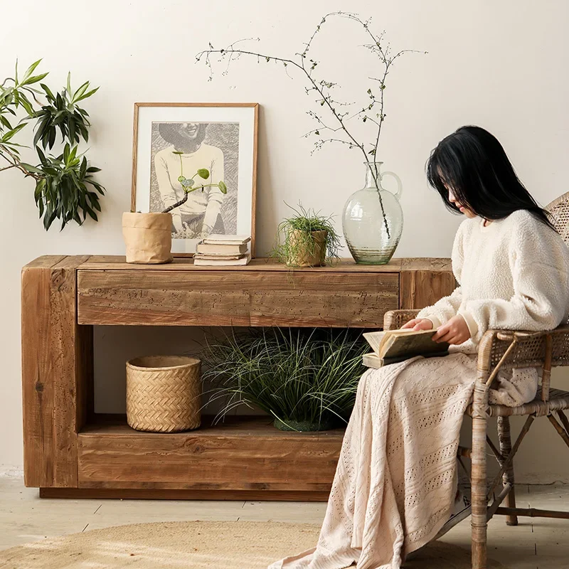 Old pine rectangular hollow entrance cabinet Solid wood retro dining side cabinet Living room decorative cabinet against