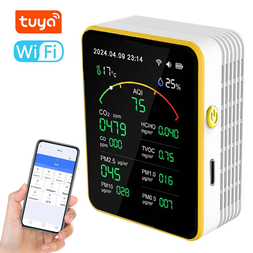 15 in 1 WiFi Air Quality Detector Household Portable AQI PM0.3 PM1.0 PM2.5 PM10 CO CO2 TVOC HCHO Tester Time Clock Timer