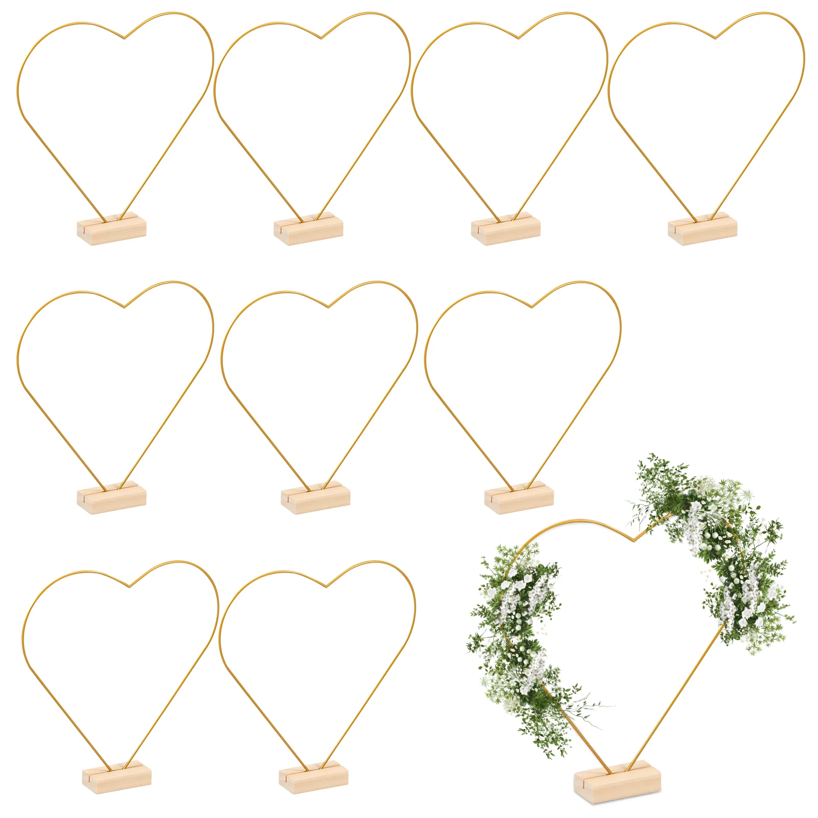 10Pcs Floral Centerpiece Hoops with Wood Base Metal Hoop Flower Centerpiece Heart Shape Wreath Ring Stand Stable Centerpiece