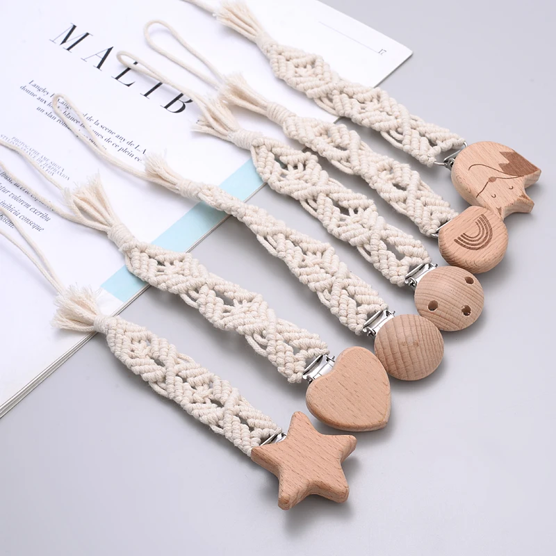 Hand Braided Cotton Cloth Baby Pacifier Chain Baby Girl Holder Chain Handmade Wooden Dummy Pacifier Clip Baby Nursing Chew Gifts