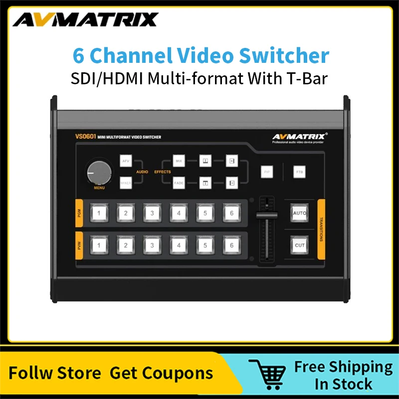 

Avmatrix VS0601 Mini 6 Channel SDI/HDMI Multi-format With T-Bar Live Streaming Video Switcher For DSLR Camera