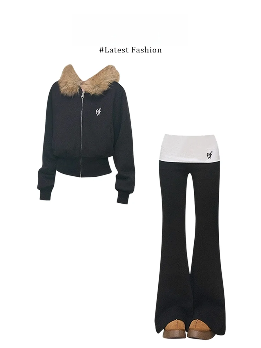 Marie American Style Hooded Jacket with Large Fur Collar Zipper Sweatshirt Outerwear Turn up Design Bootcut Pants Winter Casual