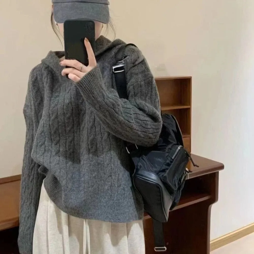 ربيع الخريف طويلة الأكمام محبوك هوديس عادية فضفاض قمصان سويت شيرت بقلنسوة بسيطة البلوز مقنعين محبوك سترة المرأة #1