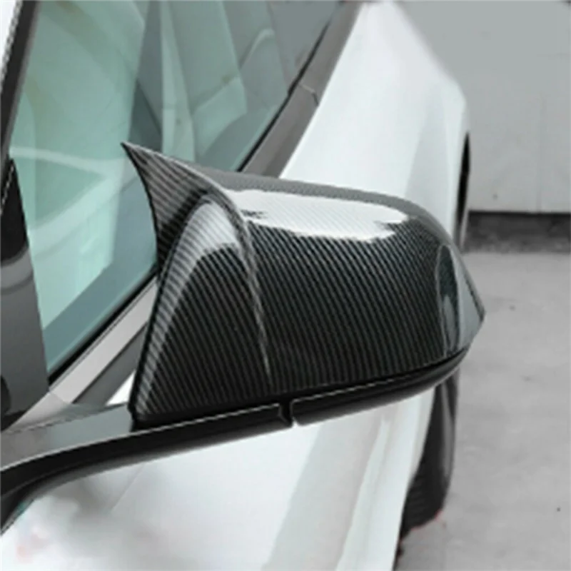 Tampa do espelho lateral retrovisor de fibra de carbono, estilo de chifre preto, tampas para modelo Tesla Y 2021, 2pcs