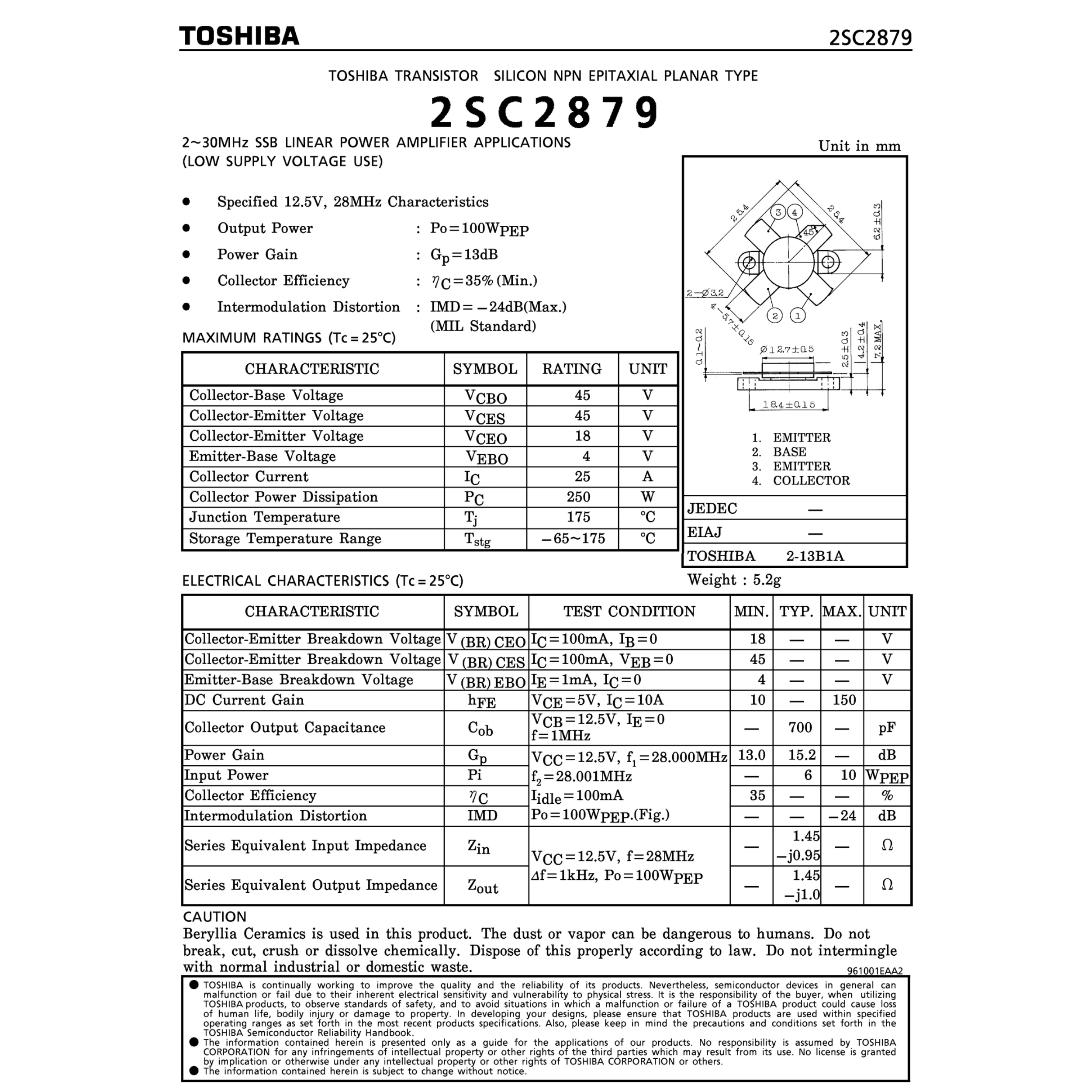 TOSHIBA-Transistor hFE TO-59 RF, amplificador de potencia NPN de silicona lineal SSB, alta calidad, 2SC2879A, 2 unidades, Original, 2SC2879