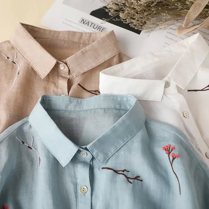 Women Vintage Embroidered Loose Casual Puff Sleeve Tops Summer New Solid Color POLO Collar Cotton Hemp Three Quarter Shirt