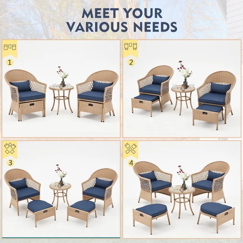 AVAWING 5 Pieces Patio Furniture Set, Outdoor Rattan Chairs with Round Glass Coffee Table, Ottomans & Soft Cushions,