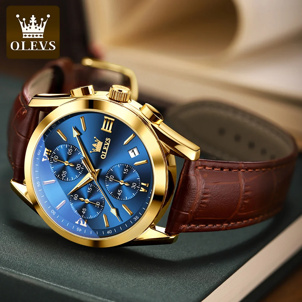 OLEVS Top Original Quartz Watch for Men Leather Strap Chronograph Waterproof Watch Auto Date Clock Luxury Mens Sports Wristwatch