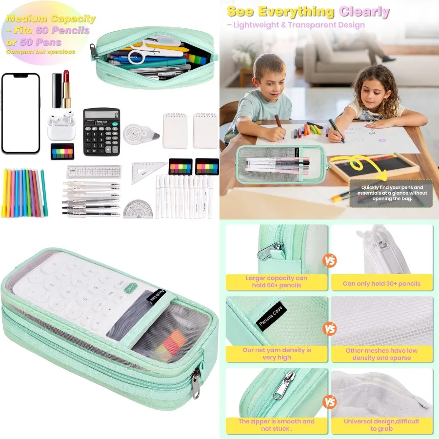 

Large Capacity Grid Mesh Pencil Case with Zipper for School and Office Use Transparent Multifunctional Pen Pouch for Girls and