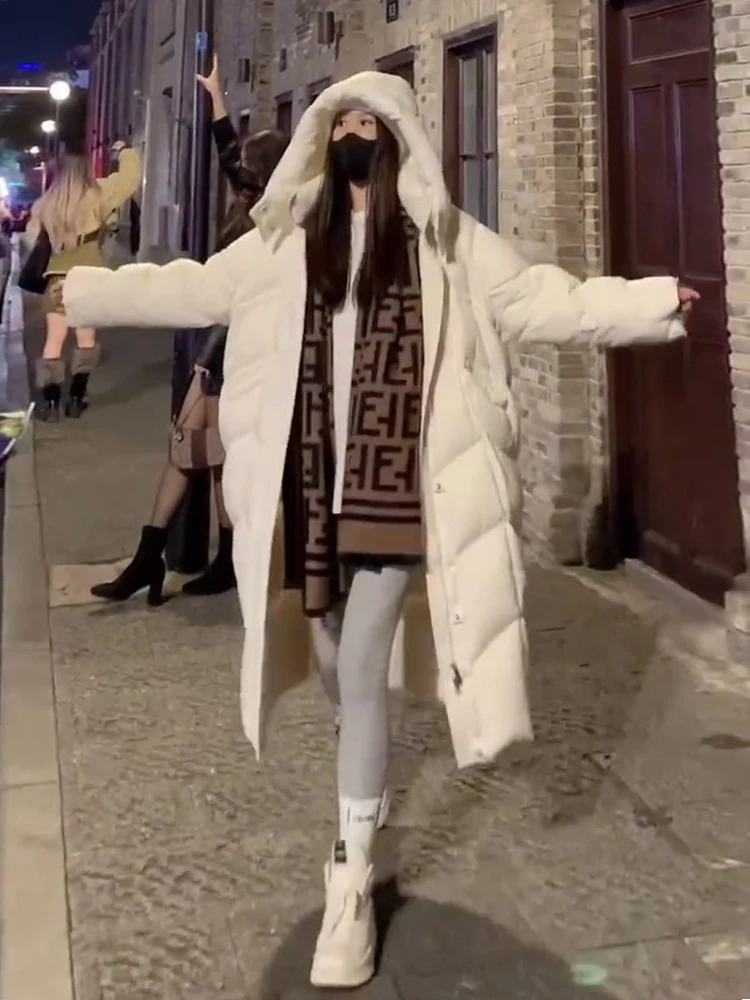 

Premium Long Hooded Du down Jaet Women's Knee-Length Zipper Bread Coat White Thiened Commuter Sle Korean Version