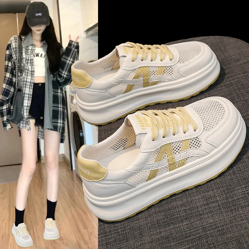 

Women's Mesh Platform Sneakers, Breathable Casual White Shoes for Summer, Lightweight Thick Sole Walking Shoes for Daily Wear