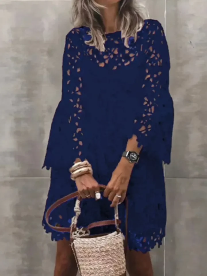 أزياء من الدانتل هوك زهرة فستان مجوف سيدة أنيقة طويلة الأكمام س الرقبة فساتين للنساء عارضة عطلة حزب تنورة الصيف جديد